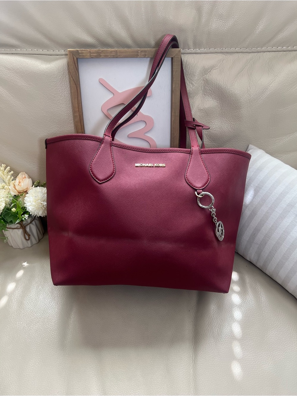 Michael Kors Large Wine Saffiano Tote with Signature Charm & Large Coin Bag
